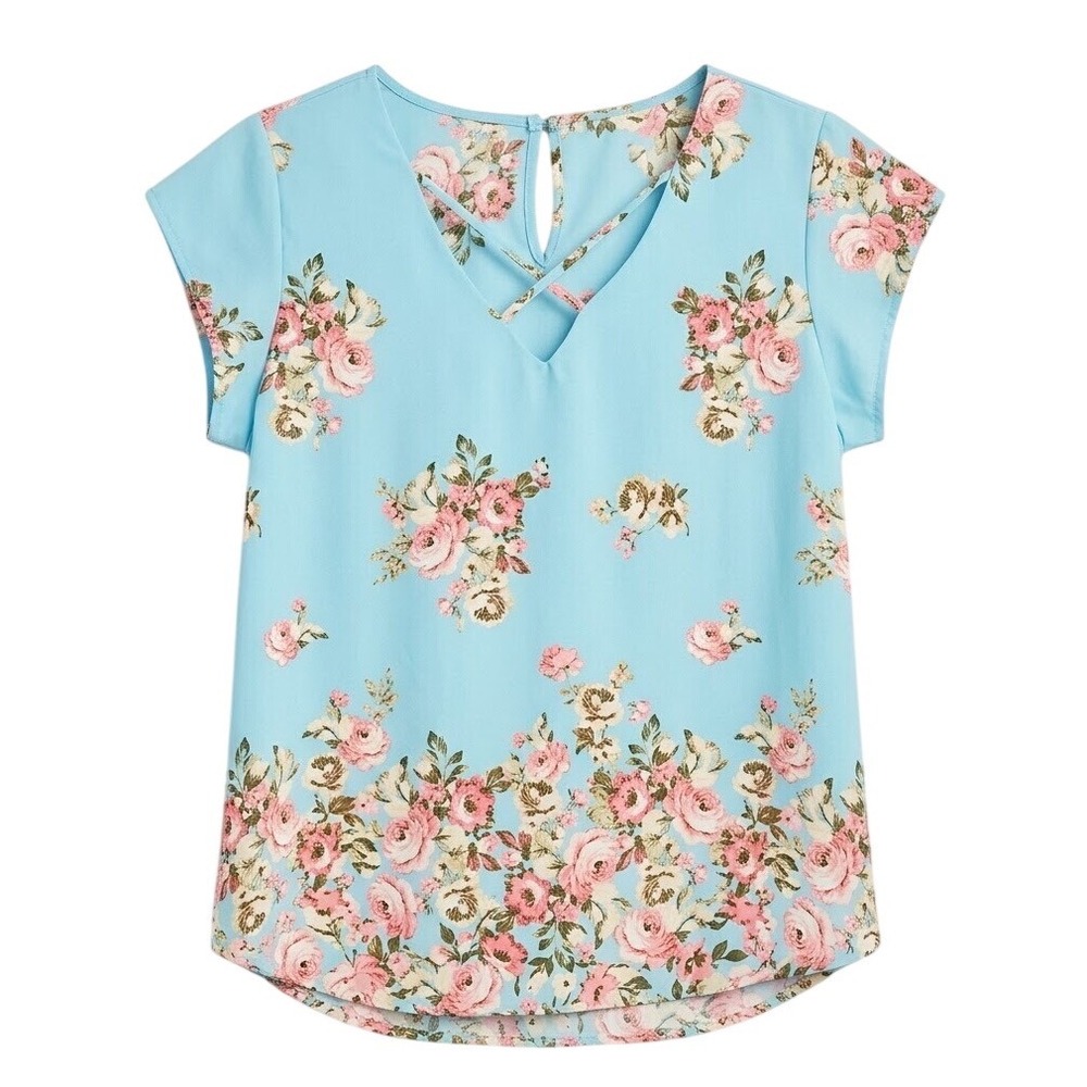 Lily White Floral Blouse Women Large Blue Strappy V-Neck Chiffon Cap Sleeve Top